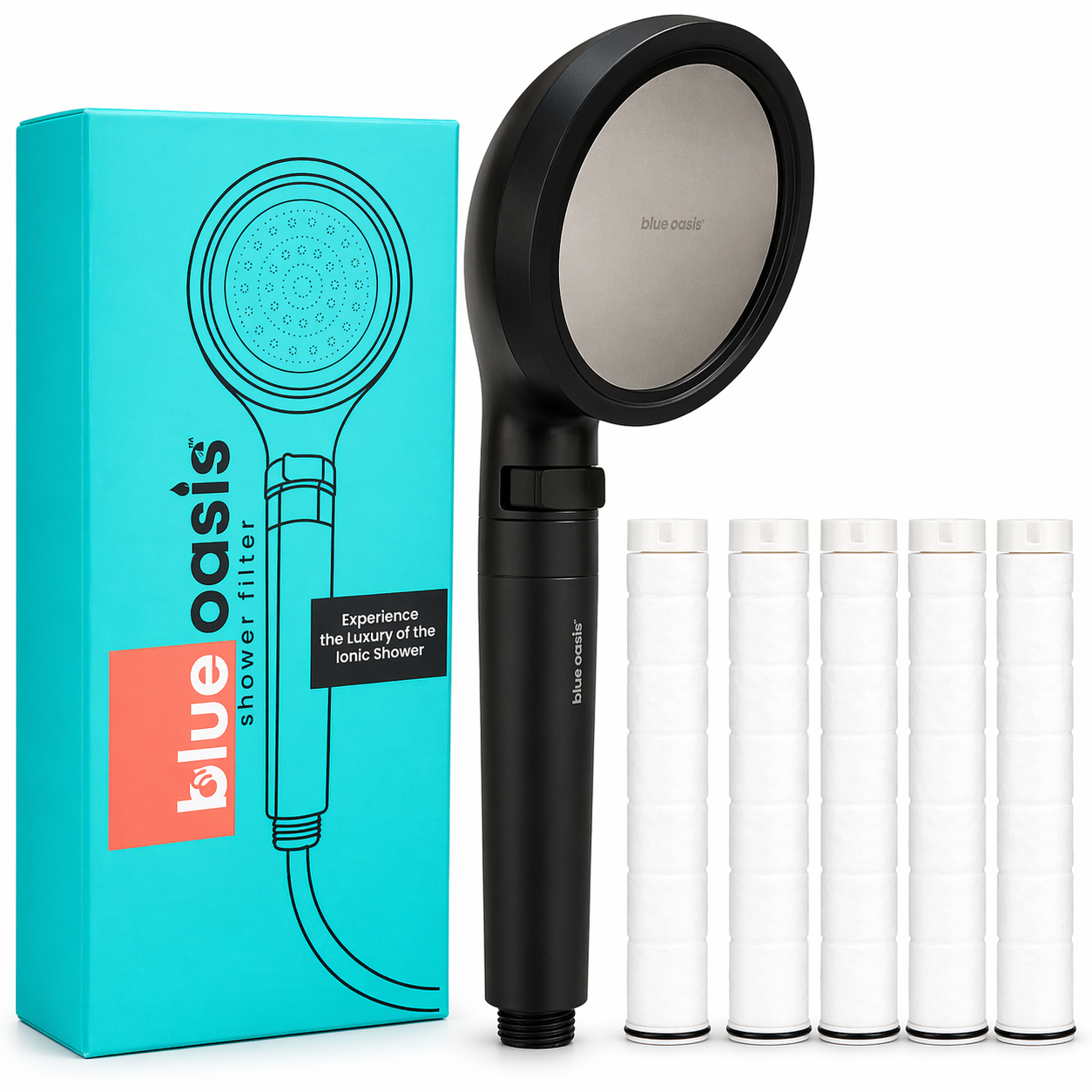 Blue Oasis Ionic Shower Filter in Black with replaceable filter cartridge